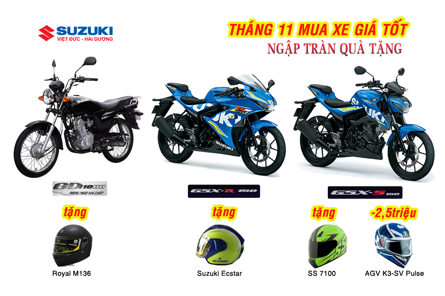 Mua xe tay côn Suzuki: GSX-S150, GSX-R150, GD110HU tặng mũ BH khủng. Tặng VOUCHER 500K + 2 lần thay dầu miễn phí.